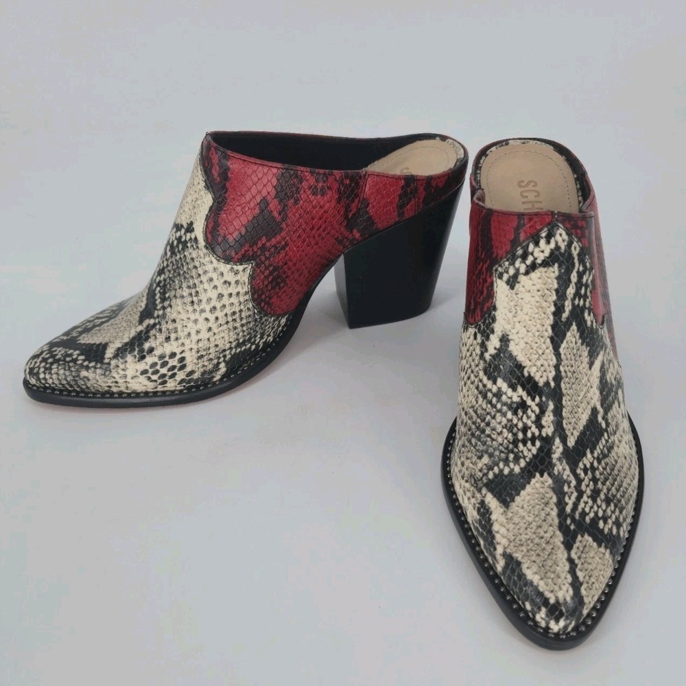 Schutz Destiny Mule Heels 8.5B Snake Embossed Leather Red Natural Western